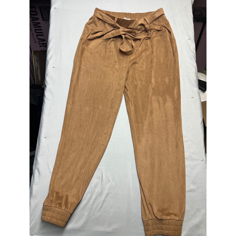 Francesca's Faux Suede Joggers Brown Tie Waist Pants WS22784 Womens Large